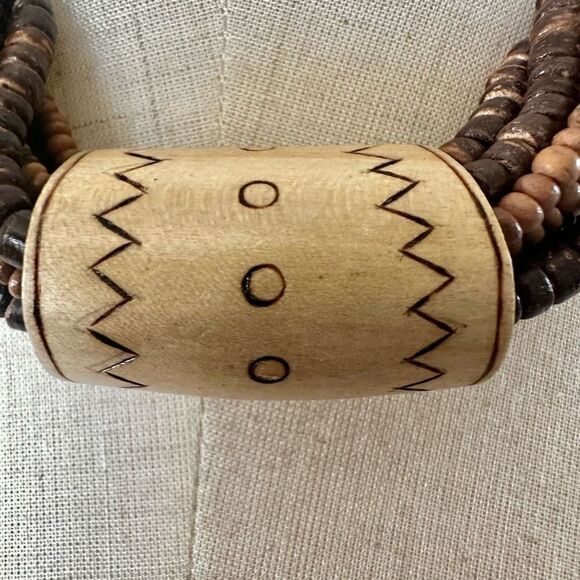 wood beaded  and bone cylinder pendant necklace - Picture 2 of 9